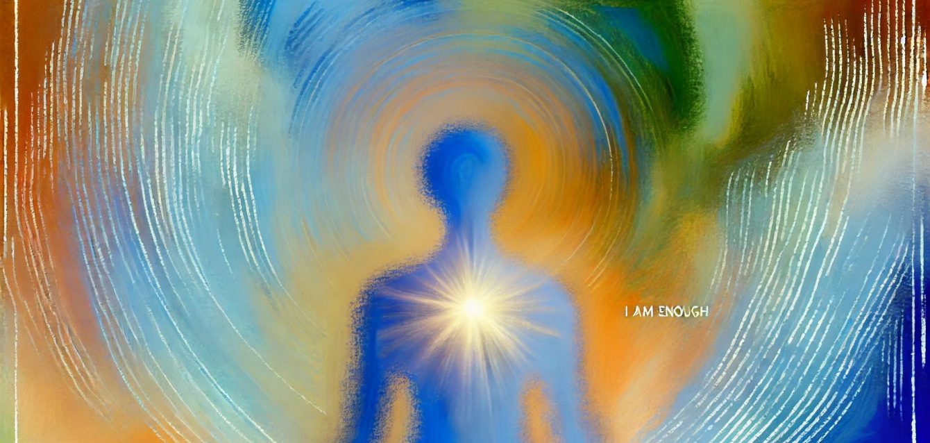 A semi-realistic abstract image illustrating self-confidence and emotional well-being inspired by the ‘I Am Enough’ mindset, featuring calming colors and a figure radiating calmness and light.