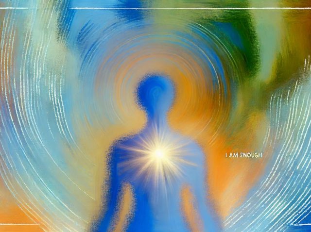 A semi-realistic abstract image illustrating self-confidence and emotional well-being inspired by the ‘I Am Enough’ mindset, featuring calming colors and a figure radiating calmness and light.