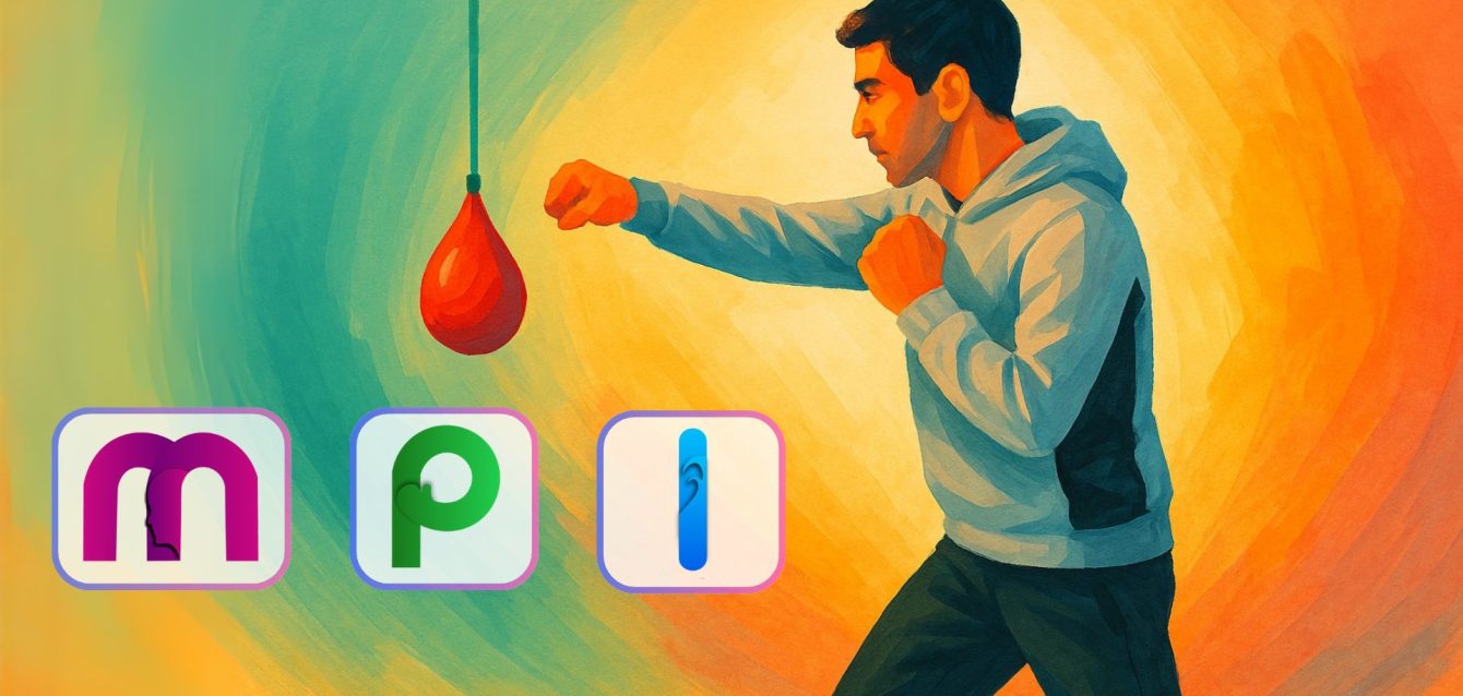 A person practicing a reflex punch with a suspended ball in an abstract, colorful setting symbolizing therapeutic motion and empowerment.