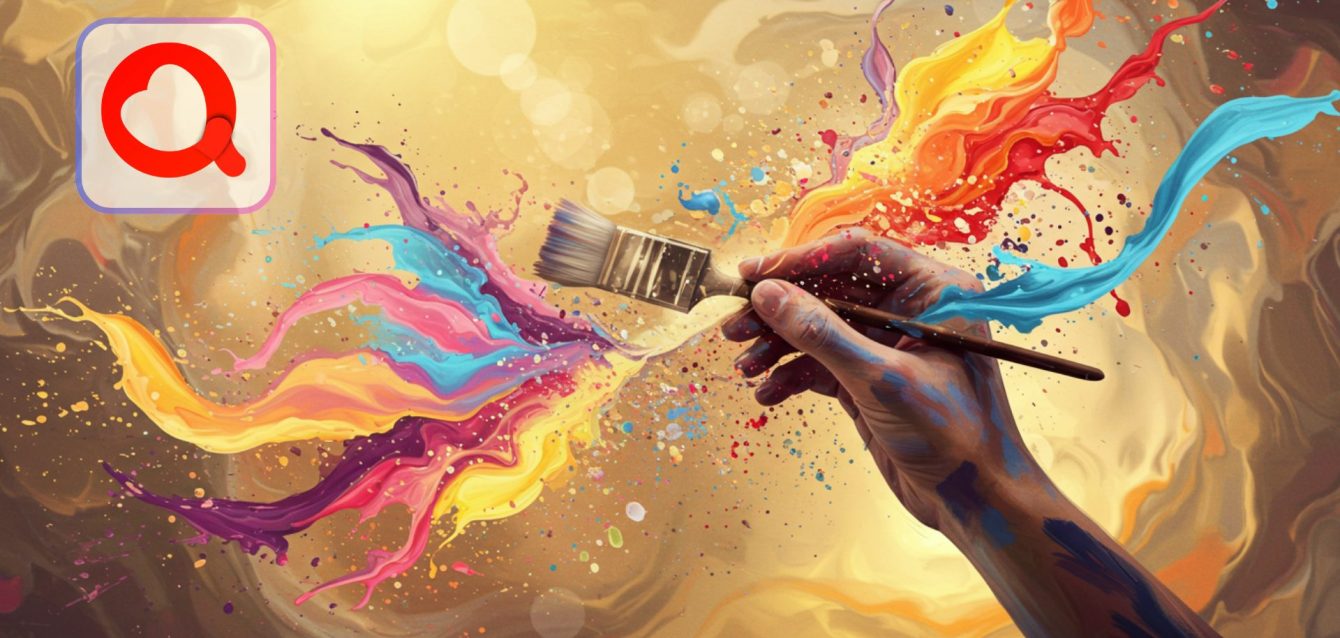 Colorful digital artwork of expressive hands painting abstract shapes, symbolizing artistic therapy and emotional healing