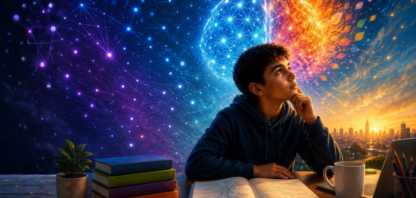 Metacognition in the Age of AI illustrated with a colourful artistic brain representing critical thinking, learning, creativity, and human intelligence.