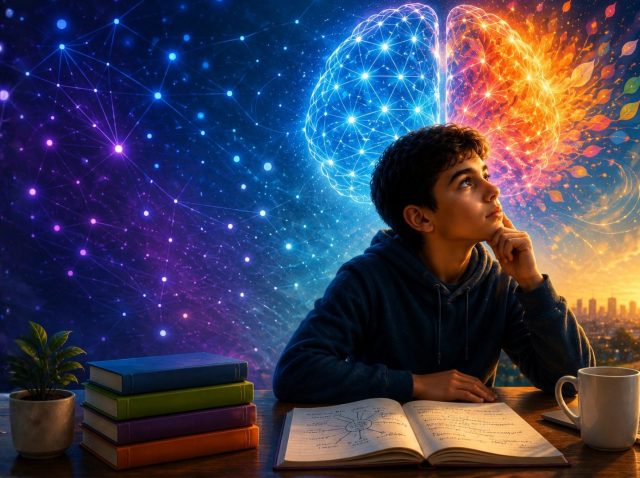 Metacognition in the Age of AI illustrated with a colourful artistic brain representing critical thinking, learning, creativity, and human intelligence.