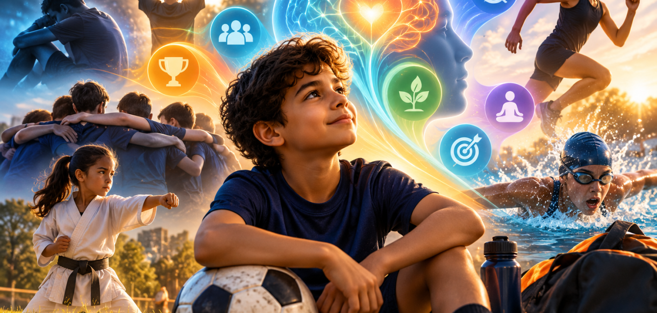 Team Sports and Emotional Regulation | AMPLE Therapy Child developing emotional regulation through team sports and physical activity with colourful artistic brain illustration by AMPLE Therapy.