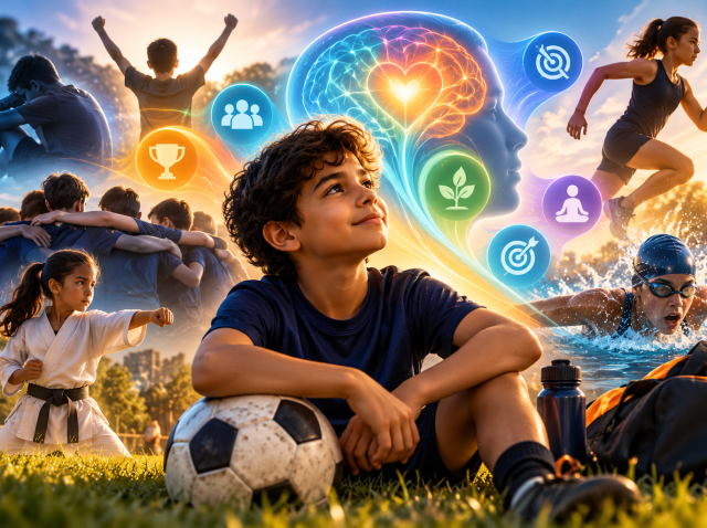 Child developing emotional regulation through team sports and physical activity with colourful artistic brain illustration by AMPLE Therapy.