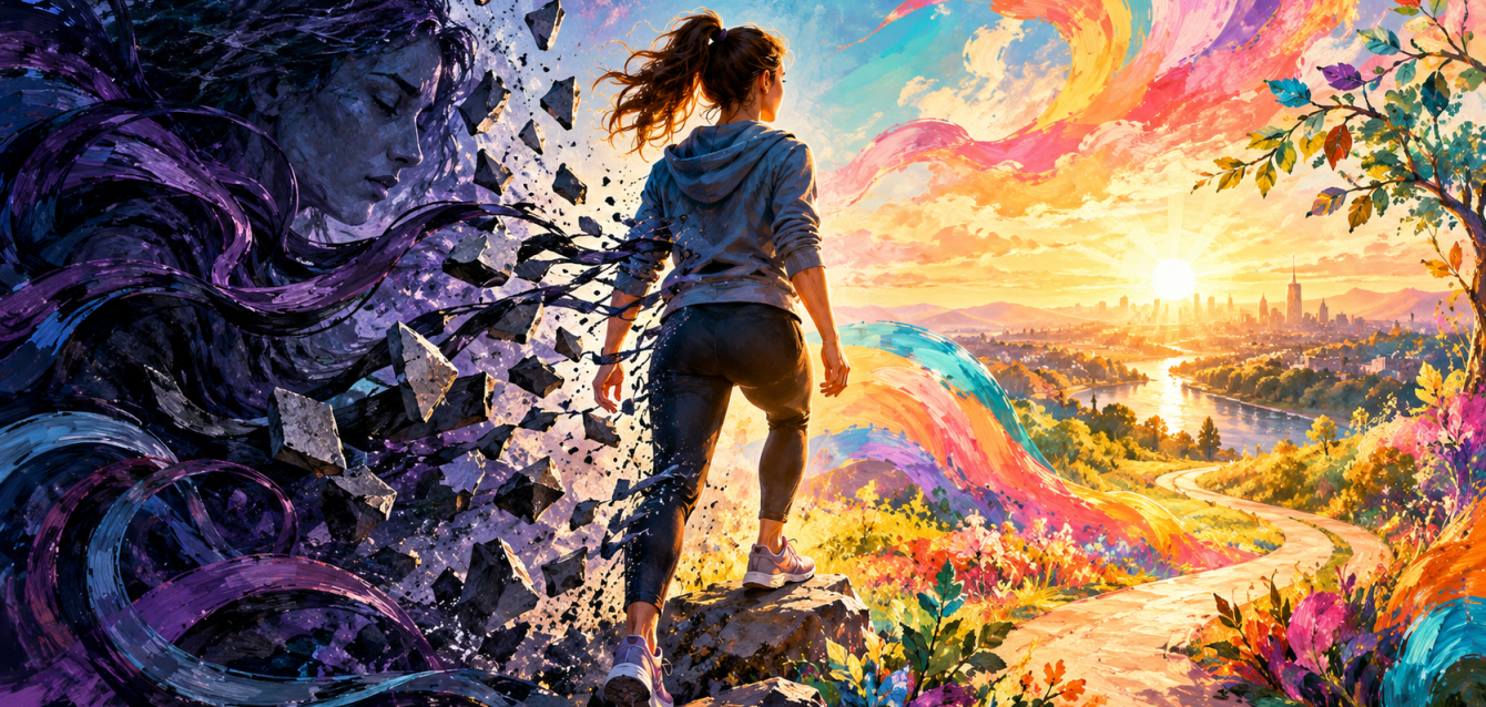 A vibrant artistic illustration of a woman stepping away from darkness towards a colourful sunrise, symbolising overcoming a victim mindset, emotional resilience and personal empowerment.
