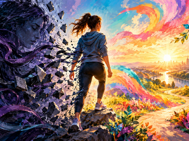 A vibrant artistic illustration of a woman stepping away from darkness towards a colourful sunrise, symbolising overcoming a victim mindset, emotional resilience and personal empowerment.